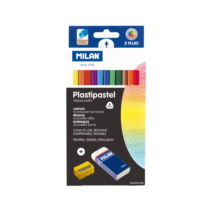 Milan Plastipastel Pack de 12 Ceras de Colores Triangulares - Incluye Goma y Sacapuntas - Bandeja Interior - Colores Surtidos
