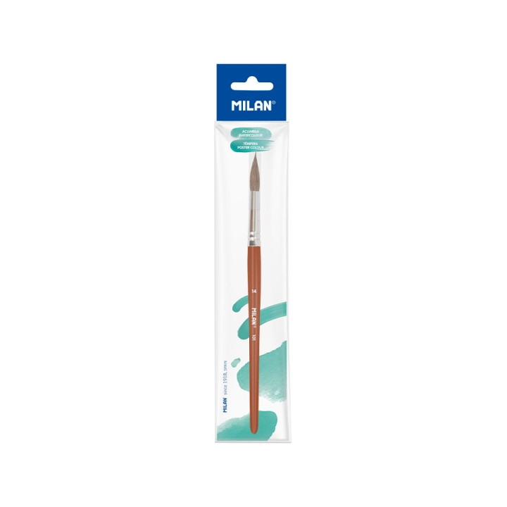 Milan 101 Pincel Escolar Redondo Numero 14 - Bolsa con Colgador - Pelo de Cabra y Sintetico - Color Madera Oscuro