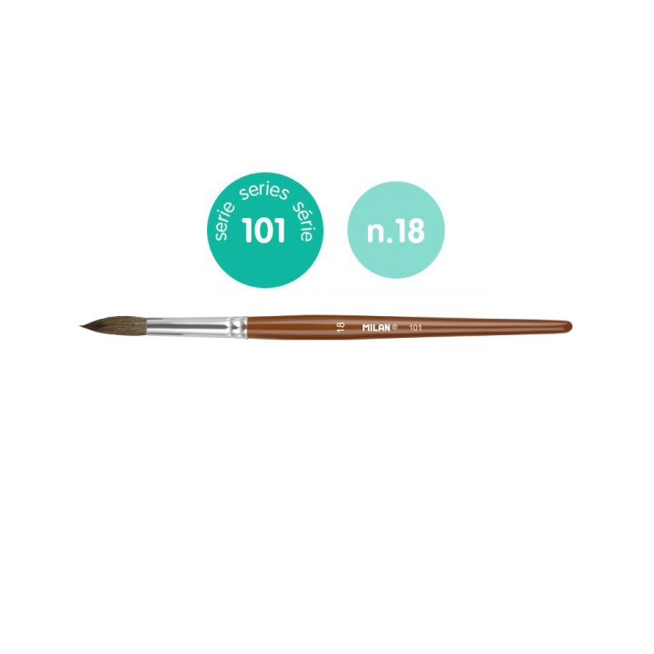 Milan 101 Pack de 6 Pinceles Escolares Redondos Numero 18 - Bolsa con Colgador - Pelo de Cabra y Sintetico - Color Madera Oscur