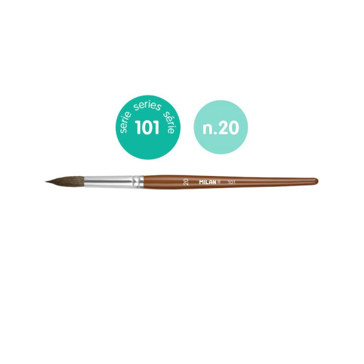 Milan 101 Pack de 3 Pinceles Escolares Redondos Numero 20 - Bolsa con Colgador - Pelo de Cabra y Sintetico - Color Madera Oscur