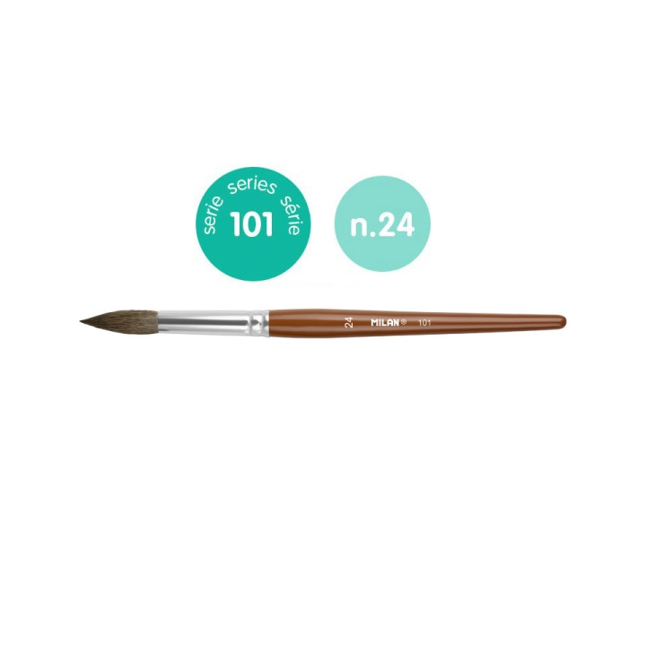 Milan 101 Pack de 3 Pinceles Escolares Redondos Numero 24 - Bolsa con Colgador - Pelo de Cabra y Sintetico - Color Madera Oscur