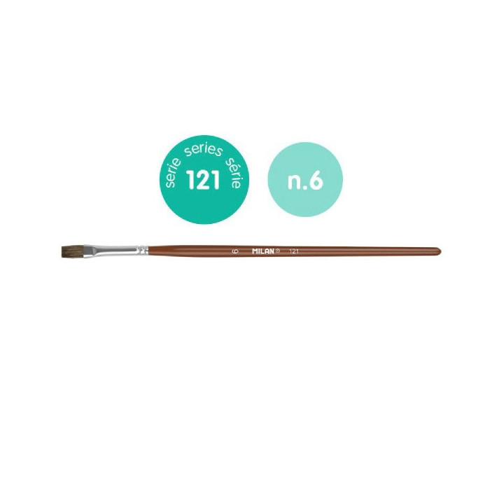 Milan 121 Pack de 12 Pinceles Escolares Planos Numero 6 - Bolsa con Colgador - Pelo de Cabra y Sintetico - Color Madera Oscuro