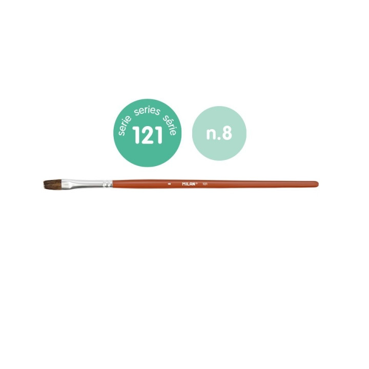 Milan 121 Pack de 6 Pinceles Escolares Planos Numero 8 - Bolsa con Colgador - Pelo de Cabra y Sintetico - Color Madera Oscuro