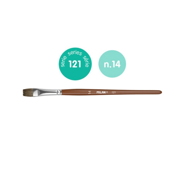 Milan 121 Pack de 6 Pinceles Escolares Planos Numero 14 - Bolsa con Colgador - Pelo de Cabra y Sintetico - Color Madera Oscuro