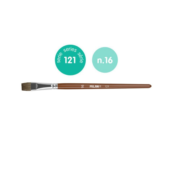 Milan 121 Pack de 6 Pinceles Escolares Planos Numero 16 - Bolsa con Colgador - Pelo de Cabra y Sintetico - Color Madera Oscuro