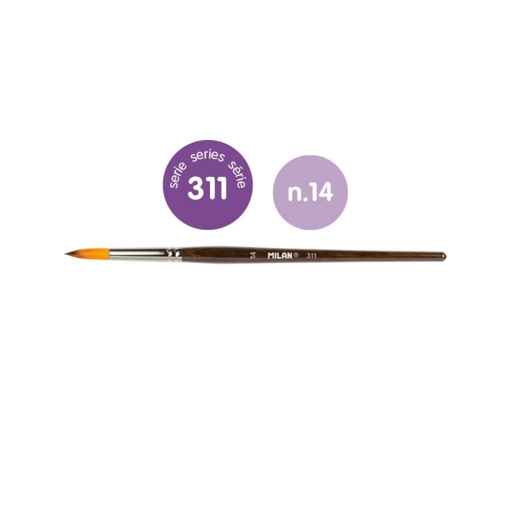 Milan 311 Pack de 6 Pinceles Redondos Numero 14 - Bolsa con Colgador - Pelo Sintetico - Color Madera Oscuro