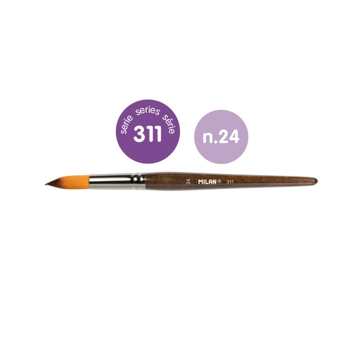 Milan 311 Pack de 3 Pinceles Redondos Numero 24 - Bolsa con Colgador - Pelo Sintetico - Color Madera Oscuro