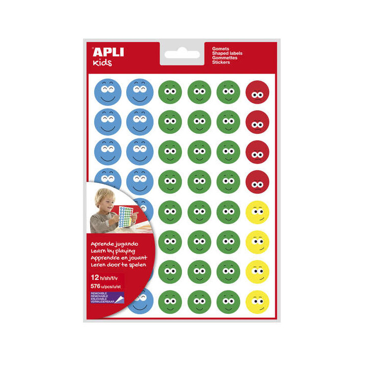 Apli Gomets Cara Feliz Ii - 576 Gomets por Bolsa - 4 Estilos de Cara Diferentes - Motivan y Premian a los Niños - Enseñan a E