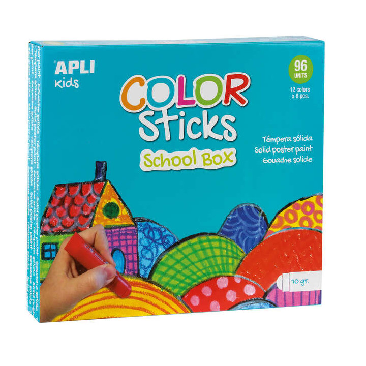 Apli Color Sticks Temperas Solidas - Caja de 96 Unidades de 10g - Colores Surtidos Ideales para Escuelas y Colectivos - Acabado