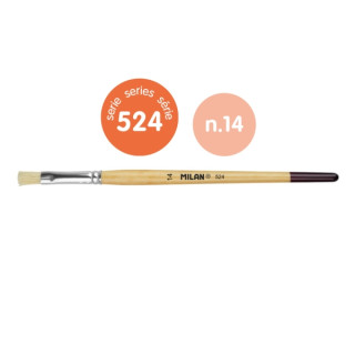 Milan 524 Pack de 6 Pinceles Planos Numero 14 - Bolsa con Colgador - Cerda Natural - Mango Corto - Color Madera Claro