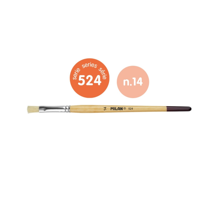 Milan 524 Pack de 6 Pinceles Planos Numero 14 - Bolsa con Colgador - Cerda Natural - Mango Corto - Color Madera Claro