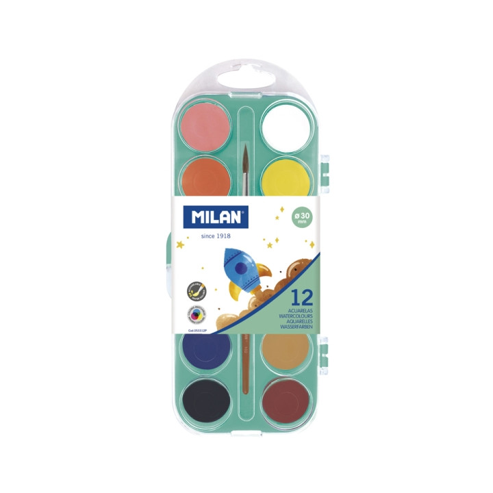 Milan Paleta de 12 Acuarelas Opacas de 30mm - Practico Estuche - Incluye Pincel - Colores Surtidos