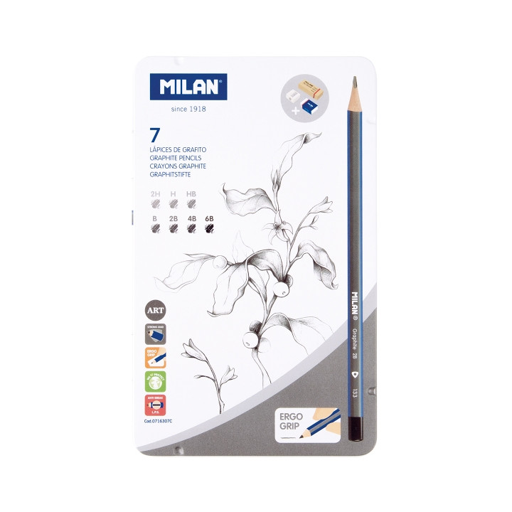 Milan Pack de 7 Lapices + 1 Sacapuntas + 1 Gomas de Caucho + 1 Goma de Miga de Pan - Grado de Durezas Surtidas - Caja Metalica