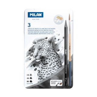 Milan Pack de 3 Lapices de Grafito Acuarelables Surtidos + Sacapuntas + Goma de Borrar + Pincel - Caja Metalica - Bandeja Inter