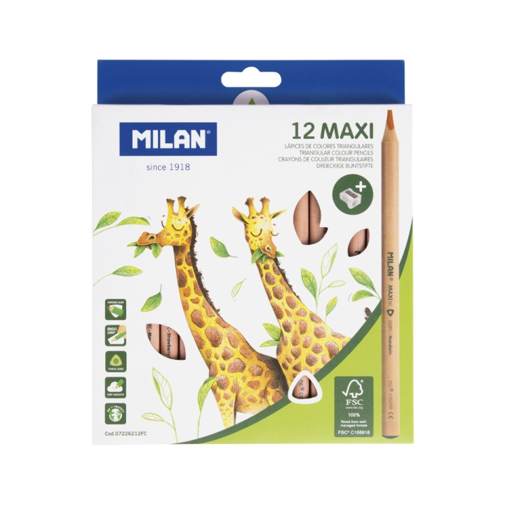 Milan Maxi Pack de 12 Lapices de Colores - Madera Certificada FSC - Incluye Sacapuntas - Triangulares - Colores Surtidos