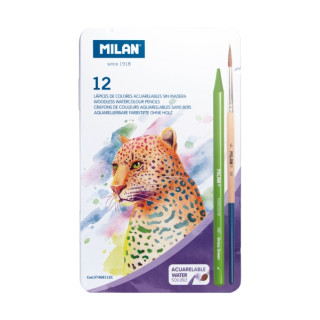 Milan Pack de 12 Lapices de Colores Acuarelables - Caja Metalica - Todo Mina - Incluye Pincel - Colores Surtidos