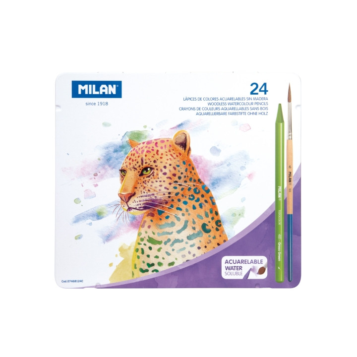 Milan Pack de 24 Lapices de Colores Acuarelables - Caja Metalica - Todo Mina - Incluye Pincel - Colores Surtidos