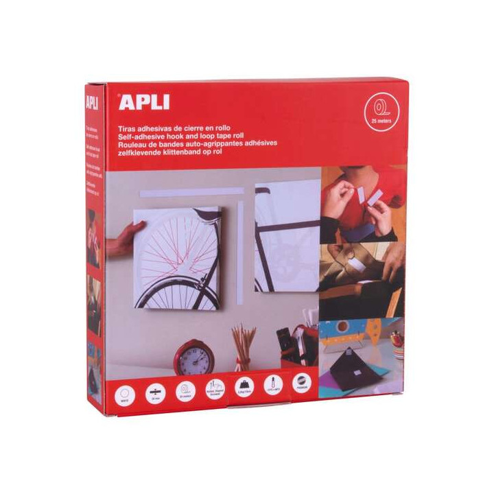 Apli Cinta de Velcro 20 mm x 25 m - Extrafuerte - Resistencia hasta 10Kg - Color Blanco