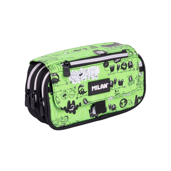 Milan Tandem 2 Estuche Portatodo con Solapa - Cremallera - 4 Compartimentos - 13x24x10cm - Color Verde