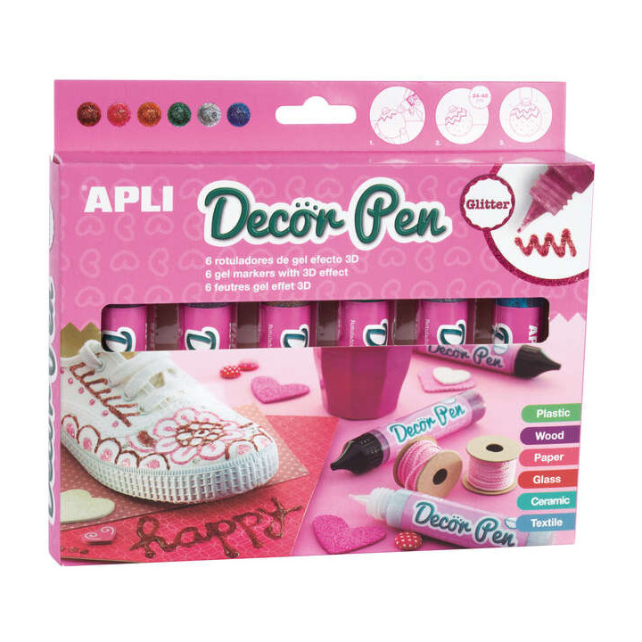 Apli Pack de 6 Rotuladores de Gel 3D con Acabado Purpurina 25ml - Personaliza Regalos