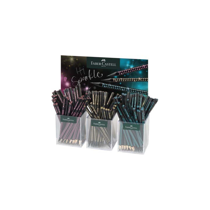 Faber-Castell Sparkle Medianoche Expositor con 144 Lapices Triangulares de Grafito B - Mina Resistente a la Rotura - Con Boton