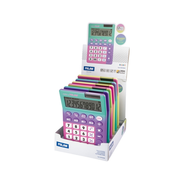 Milan Sunset Expositor con 6 Calculadoras - 12 Digitos - Colores Surtidos