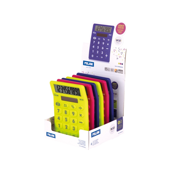 Milan Acid Expositor con 6 Calculadoras de Sobremesa - 10 Digitos - Colores Surtidos