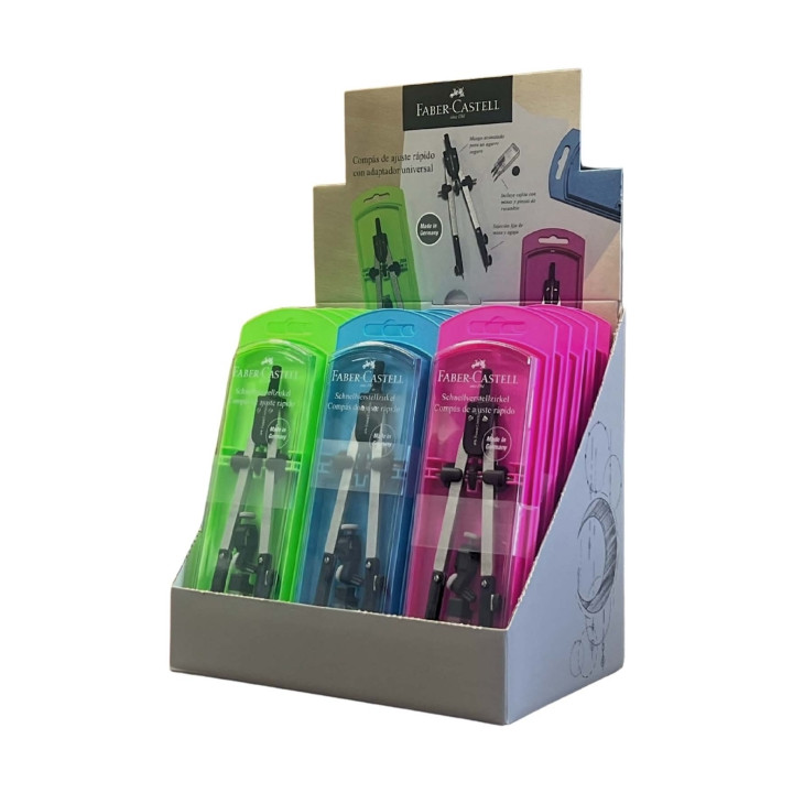 Faber-Castell Expositor de 15 Compases de Ajuste con Tornillo Central - Articulaciones en ambos Brazos - Adaptador Universal -