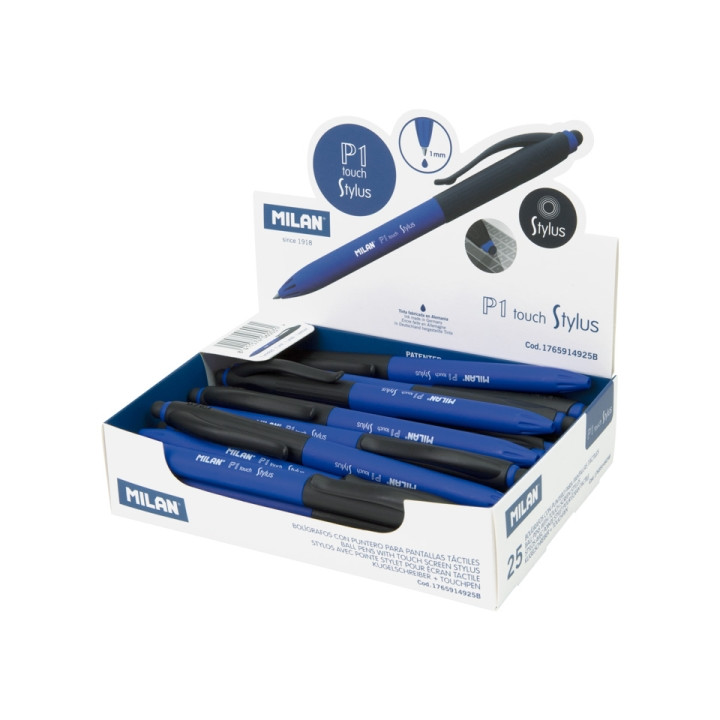 Milan P1 Stylus Expositor con 25 Boligrafos de Bola Retractiles - Tinta Azul - Punta Redonda 1mm - Color Azul