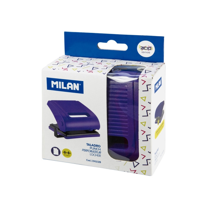 Milan Acid Taladro Perforador - Incluye Guia de Plastico - hasta 15 Hojas - Bloqueo de Seguridad - Facil Vaciado - Color Azul