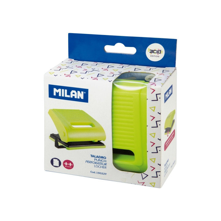 Milan Acid Taladro Perforador - Incluye Guia de Plastico - hasta 15 Hojas - Bloqueo de Seguridad - Facil Vaciado - Color Amaril