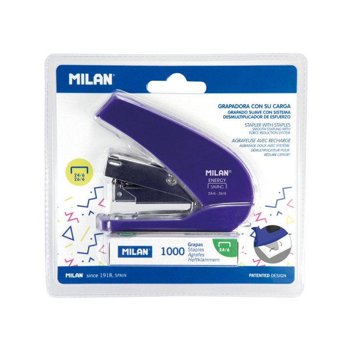 Milan Acid Energy Saving Grapadora Compacta - 1000 Grapas Incluidas - hasta 20 Hojas - Grapas 24/6 y 26/6 - Color Azul