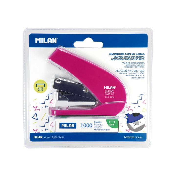 Milan Acid Energy Saving Grapadora Compacta - 1000 Grapas Incluidas - hasta 20 Hojas - Grapas 24/6 y 26/6 - Color Rosa