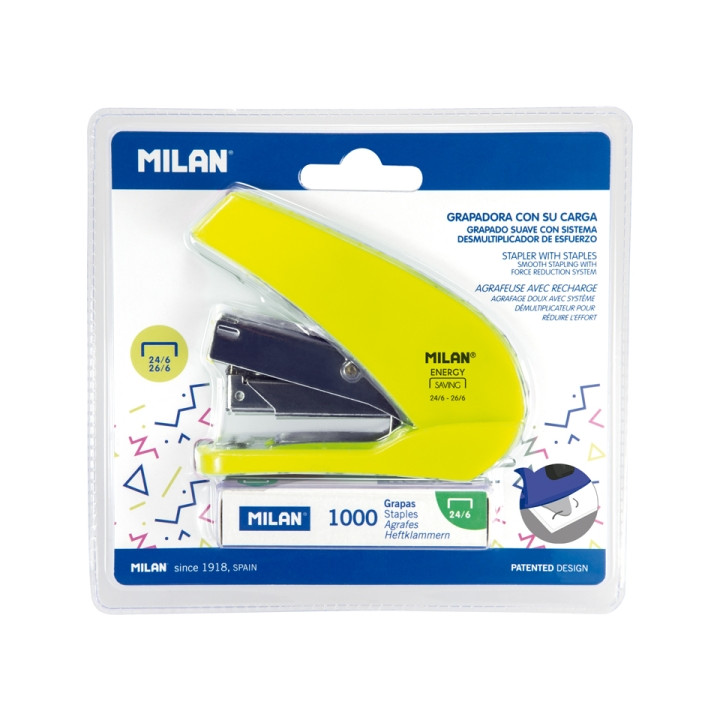 Milan Acid Energy Saving Grapadora Compacta - 1000 Grapas Incluidas - hasta 20 Hojas - Grapas 24/6 y 26/6 - Color Amarillo