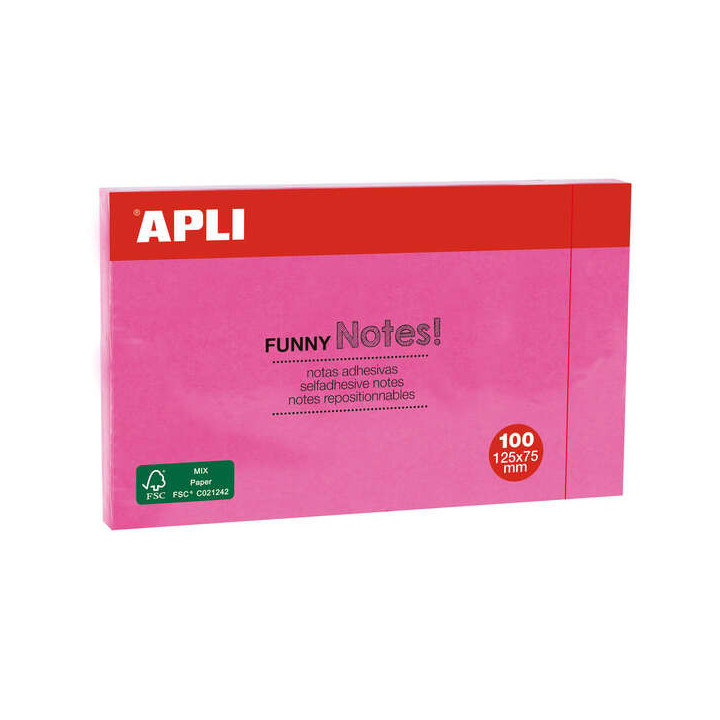 Apli Notas Adhesivas Funny 125x75mm - Bloc de 100 Hojas - Adhesivo de Calidad - Facil de Despegar - Rosa Fluorescente