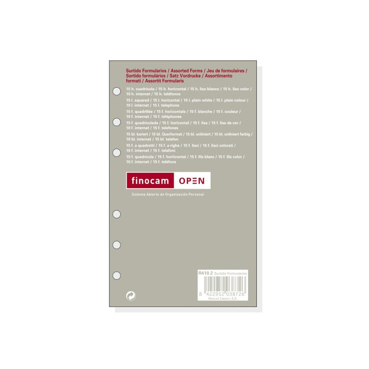 Finocam R410.2 Formularios Surtidos de Recambio para Agendas Open - Formato 400 - 91x8x152mm - Color Surtidos