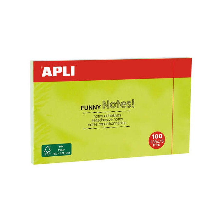 Apli Notas Adhesivas Funny 125x75mm - Bloc de 100 Hojas - Adhesivo de Calidad - Facil de Despegar - Color Verde Fluorescente
