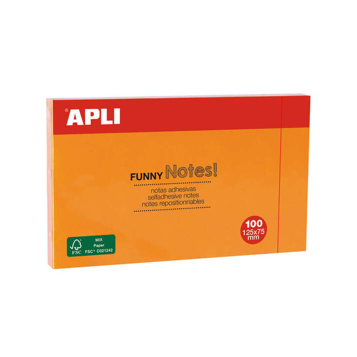 Apli Notas Adhesivas Funny 125x75mm - Bloc de 100 Hojas - Adhesivo de Calidad - Color Naranja Fluorescente