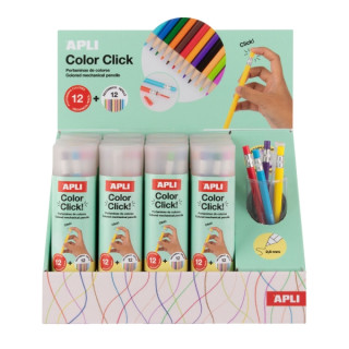 Apli Color Clik Expositor con 12 Pack de 12 Portaminas con Minas de Colores 2.6mm + 12 Recambios + 1 Sacapuntas - Forma Redonda