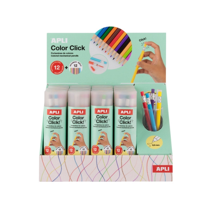 Apli Color Clik Expositor con 12 Pack de 12 Portaminas con Minas de Colores 2.6mm + 12 Recambios + 1 Sacapuntas - Forma Redonda