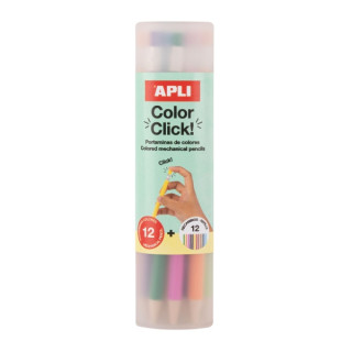 Apli Color Clik Pack de 12 Portaminas con Minas de Colores 2.6mm + 12 Recambios + 1 Sacapuntas - Forma Redonda - Colores Surtid