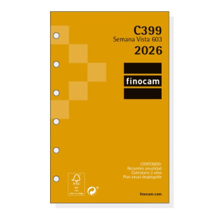 Finocam C399 Recambio para Agendas Classic - Anual 2026 - Hojas Microperforadas - Formato 603 - 79x6x127mm - Semana Vista Horiz