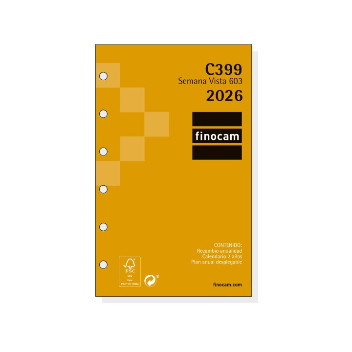 Finocam C399 Recambio para Agendas Classic - Anual 2026 - Hojas Microperforadas - Formato 603 - 79x6x127mm - Semana Vista Horiz