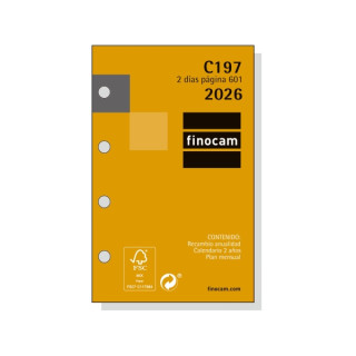 Finocam C197 Recambio para Agendas Classic - Anual 2026 - Hojas Microperforadas - Formato 601 - 56x10x89mm - 2 Dias por Pagina