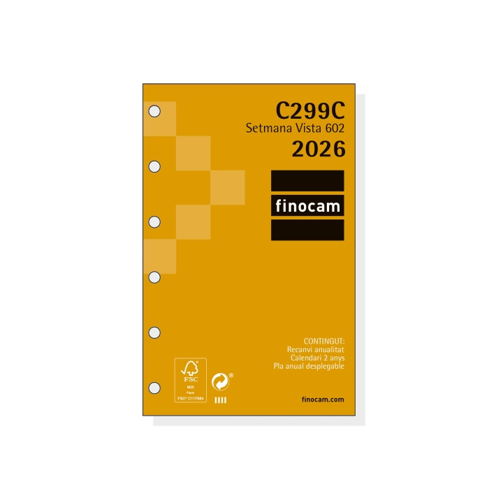 Finocam C299C Recambio para Agendas Classic en Catalan - Anual 2026 - Hojas Microperforadas - Formato 602 - 73x6x114mm - Semana