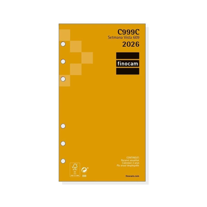 Finocam C999C Recambio para Agendas Classic en Catalan - Anual 2026 - Esquinas Microperforadas - Formato 609 - 94x6x171mm - Sem