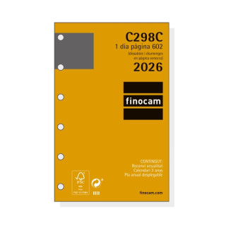 Finocam C298C Recambio para Agendas Classic en Catalan - Anual 2026 - Hojas Microperforadas - Formato 602 - 73x18x114mm - 1 Dia