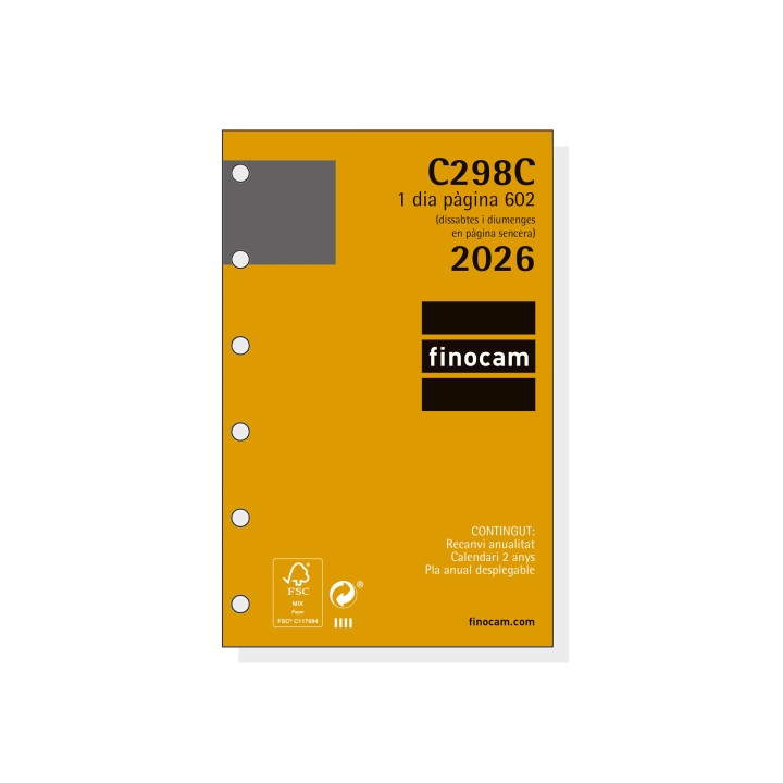 Finocam C298C Recambio para Agendas Classic en Catalan - Anual 2026 - Hojas Microperforadas - Formato 602 - 73x18x114mm - 1 Dia