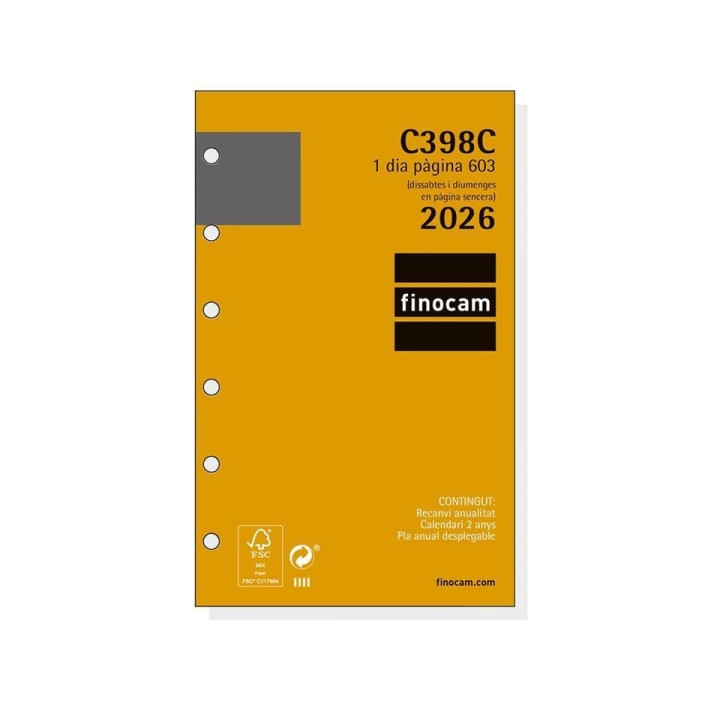 Finocam C398C Recambio para Agendas Classic en Catalan - Anual 2026 - Esquinas Microperforadas - Formato 603 - 79x18x127mm - 1