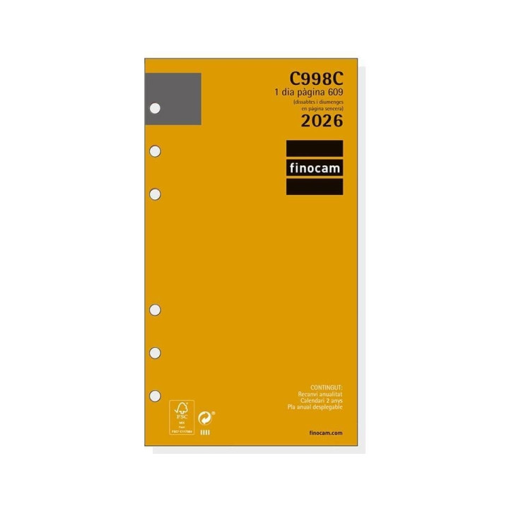 Finocam C998C Recambio para Agendas Classic en Catalan - Anual 2026 - Esquinas Microperforadas - Formato 609 - 94x18x171mm - 1